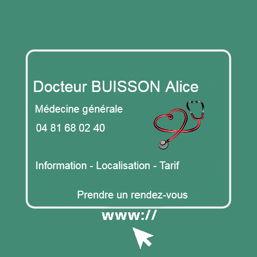 Bouton / Lien pour prendre rendez-vous en ligne avec le Docteur généraliste Alice BUISSON 04 81 68 02 40